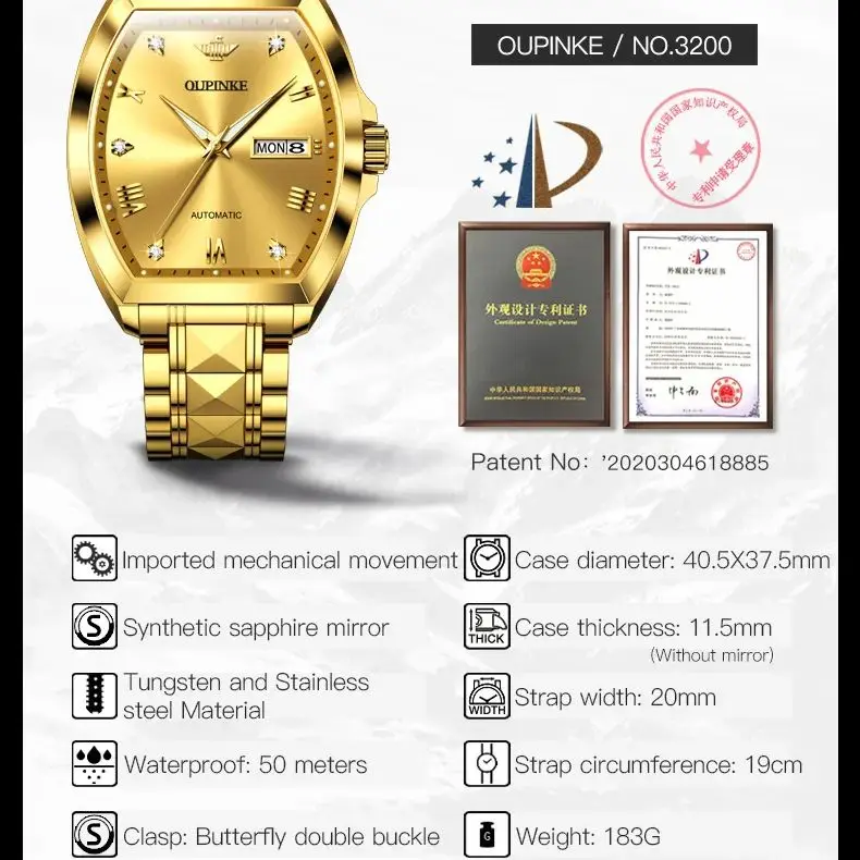 OUPINKE 3200 Golden Watch for Men Self-winding Luxury Watches Roman Diamond Tungsten steel Strap Mechanical Male Wristwatch