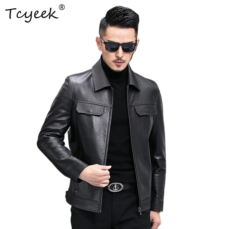 

Tcyeek Top Layer Cowskin Autumn Winter High End Trendy Lapel Short Men's Genuine Leather Jacket Chaqueta Cuero Hombre 가죽 자켓