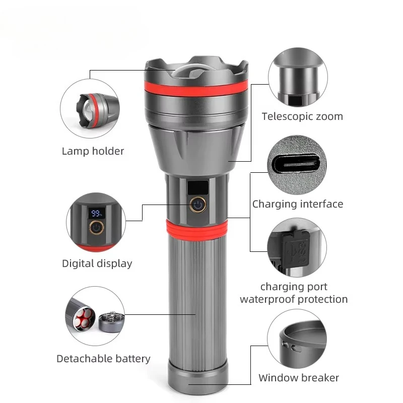 12000 Mah 60W Rechargeable Tactical Flashlight 6000 Lumen 2000M High Lumen Flashlight Powerful Ignition Camping Aluminum Alloy