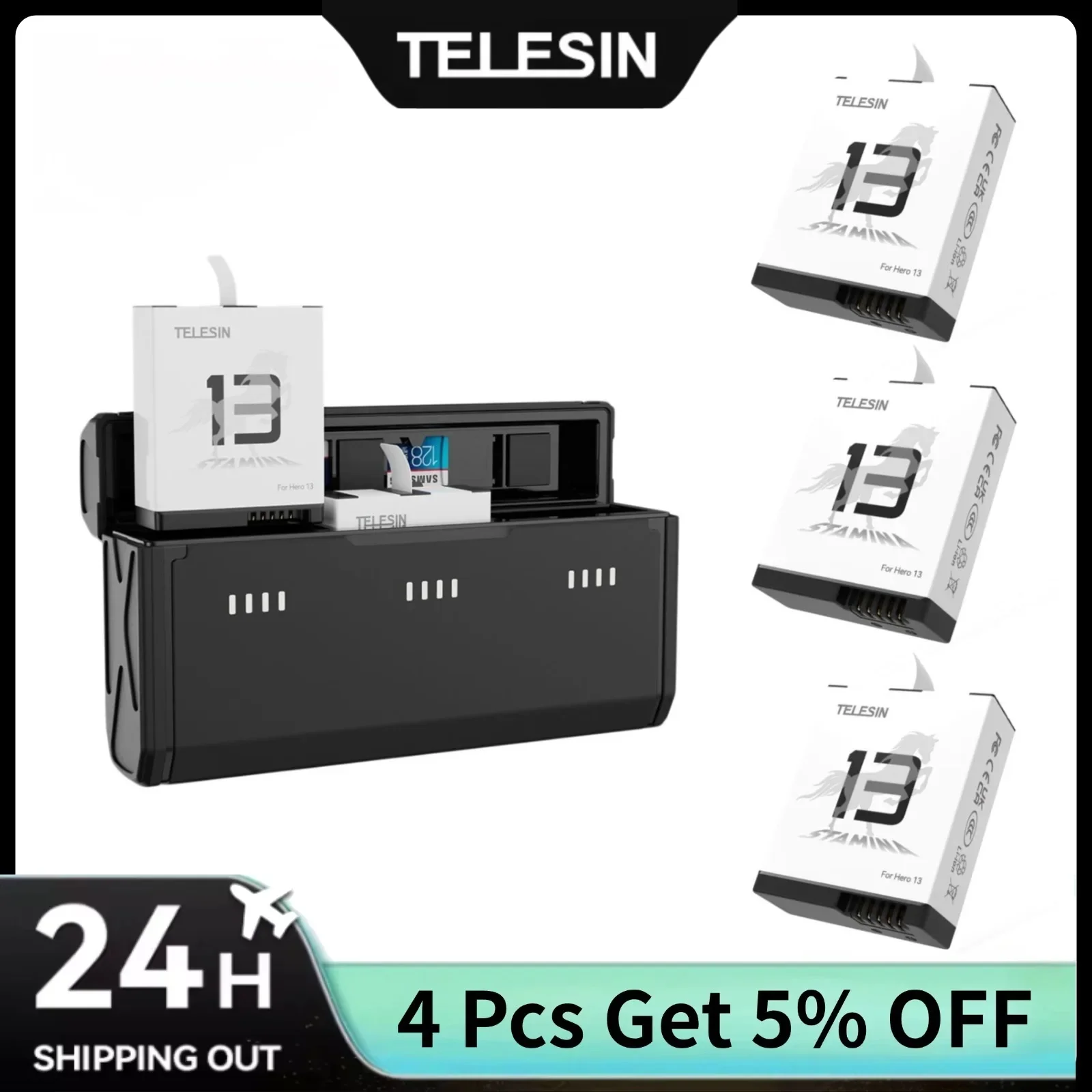 Портативный блок для быстрой зарядки TELESIN и набор аккумуляторов для Gopro Hero 13, черный, 3 слота, чехол для быстрой зарядки, аксессуары Gopro