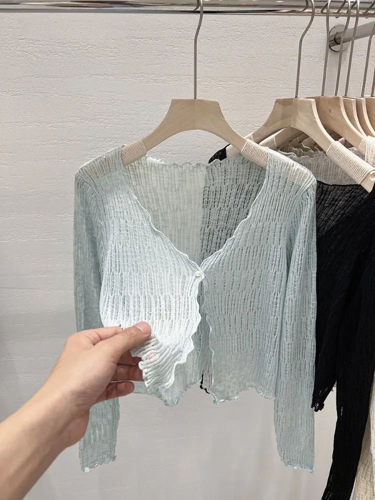 Knitted Sweater Solid Cardigans Women Summer Long Sleeve Cropped Cardigan Korean See Through Y2K Fashion Sweaters Woman Clothes