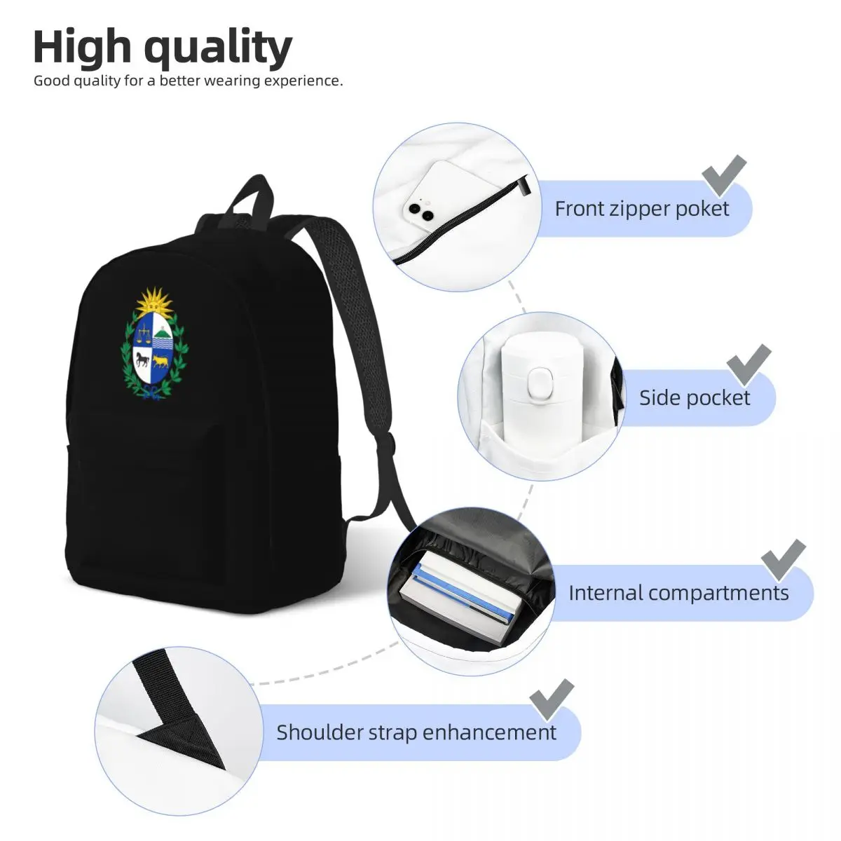 Mochila com brasão para homens e mulheres, bolsa de lona com bolso, para estudante, trabalho, laptop, computador