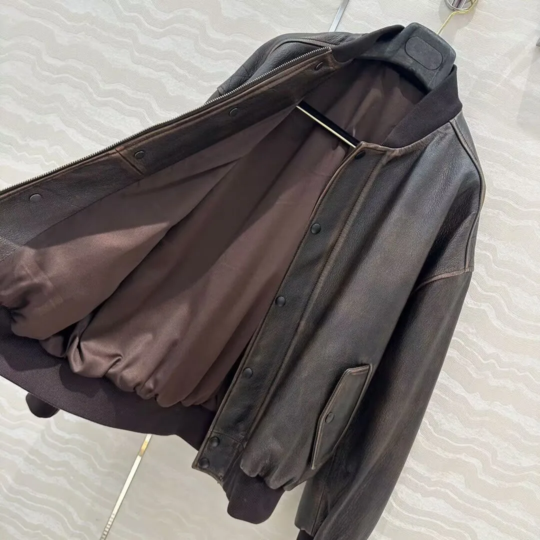 Vintage Distressed Wax Gedrukt Bruine Schapenvacht Leren Jas Dames Ronde Hals Lange Mouw Single Breasted Bomber Streetwear Jas