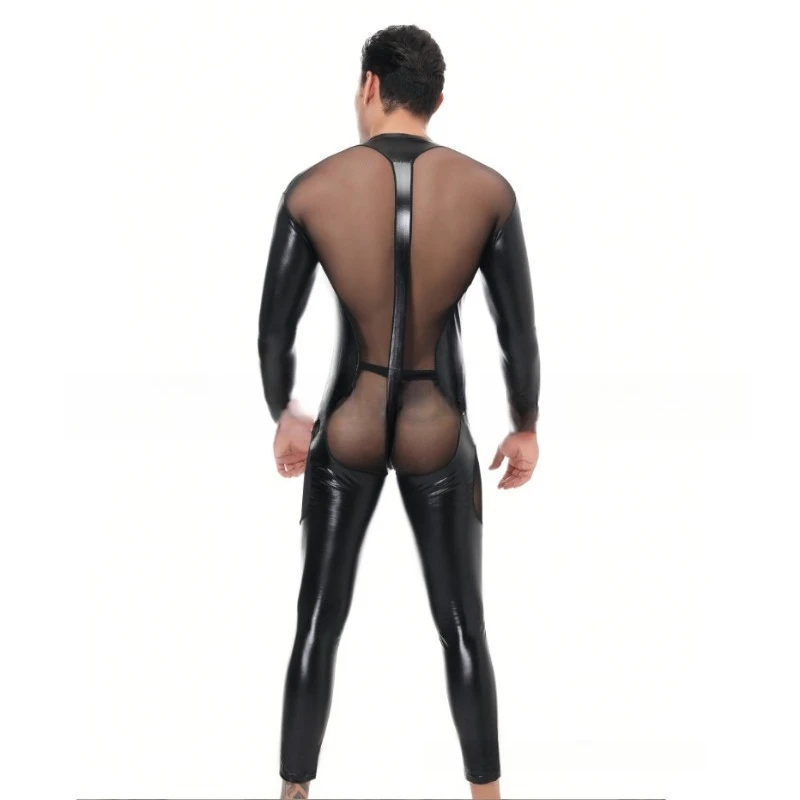 2025 Body de lingerie masculina europeia de látex e malha |   Traje fetiche de painel transparente para apresentações de palco e eventos adultos