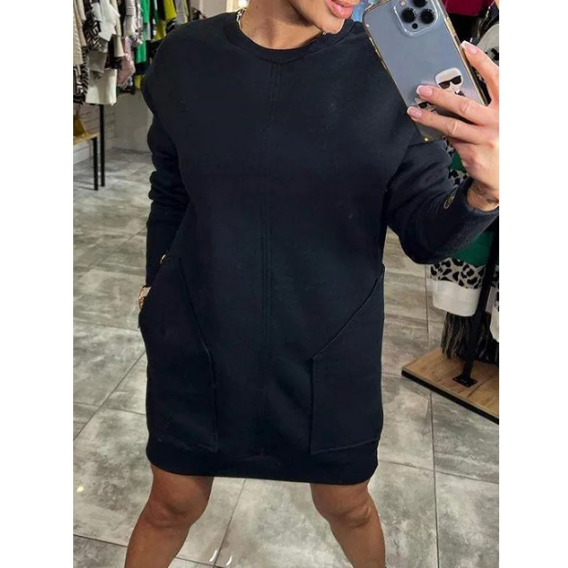 Women Sweatshirts Dress Long Sleeve Oversized Solid Color Outdoor Chic Pullover Top T-Shirt Hip Pack Dress