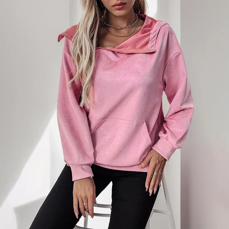 Women's Pink V-Neck Long-Sleeved Hooded Sweatshirt Casual Autumn Winter European American Style Valentine's Day Theme