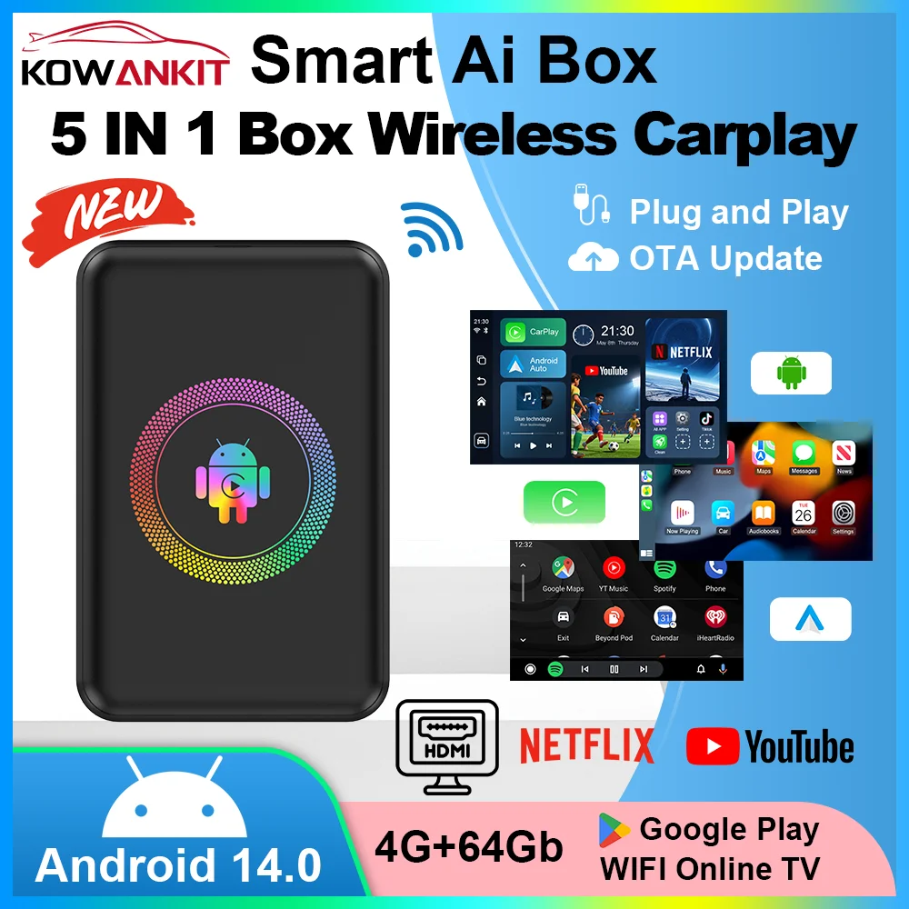 

5 in 1 Kowankit Android 14 Wireless CarPlay HDMI Ai Box Smart 4+64G Plug & Play Android Auto Car Tv Box For Netflix YouTube 2026