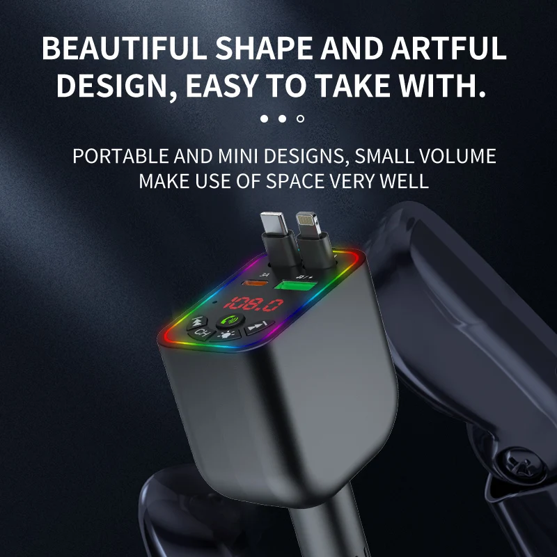 New Bluetooth Car Charger Multifunction Charger Type-C Lightning Port With Digital Display With Retractable Cable