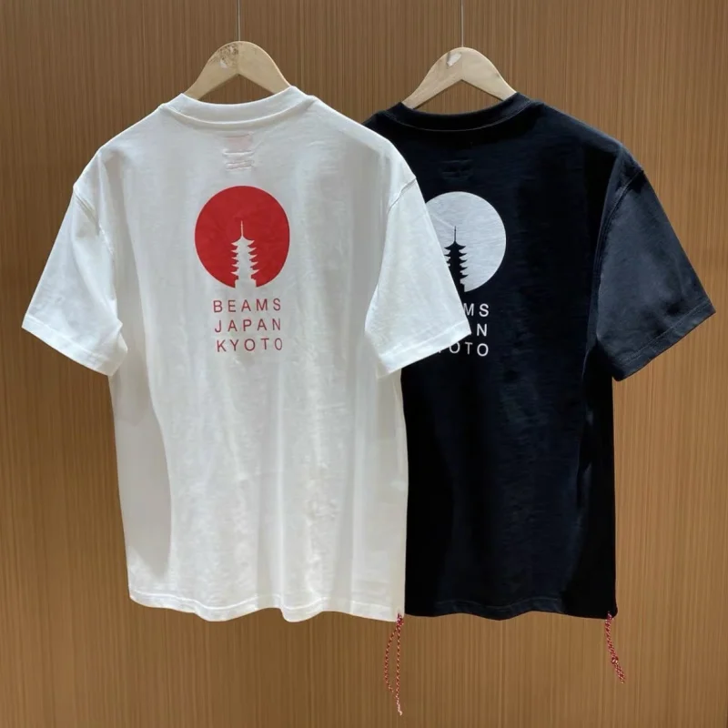 Stock Summer Beams Tshirts Snow Mountain Tower Silhouette Print Weaving Red Rope Short Sleeve Cotton Breathable Men Women Tops