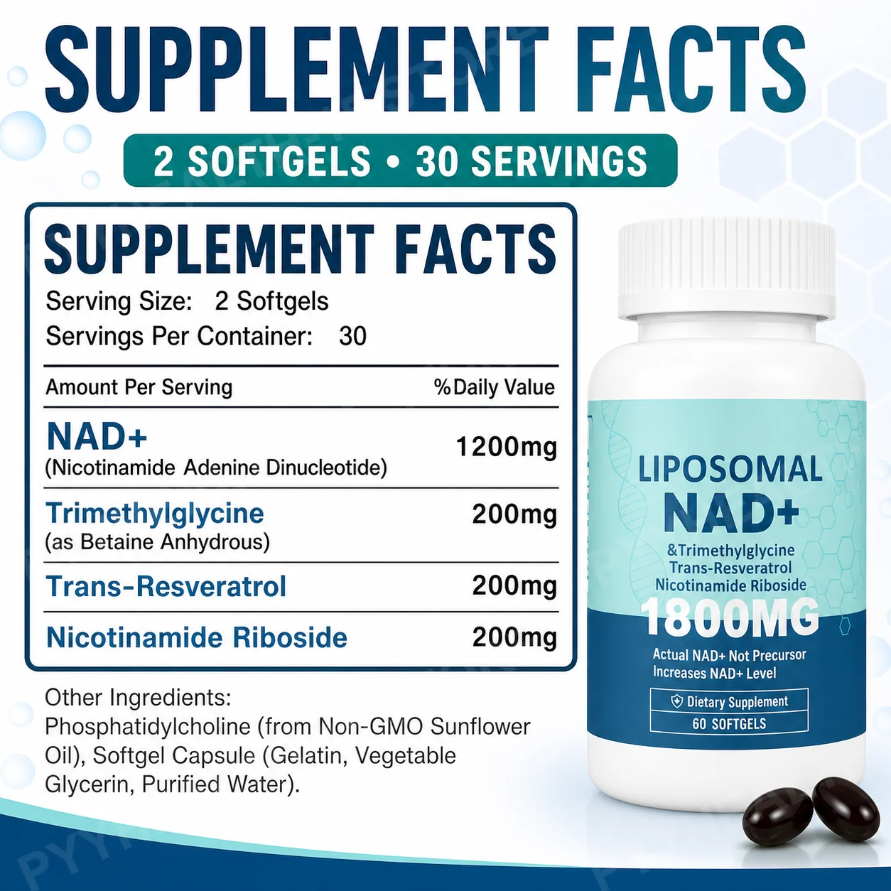 Liposomal NAD+ Supplement 1800 mg with Nicotinamide Riboside, Trans Resveratrol, TMG, Cellular Vitality Support, 60 Softgels