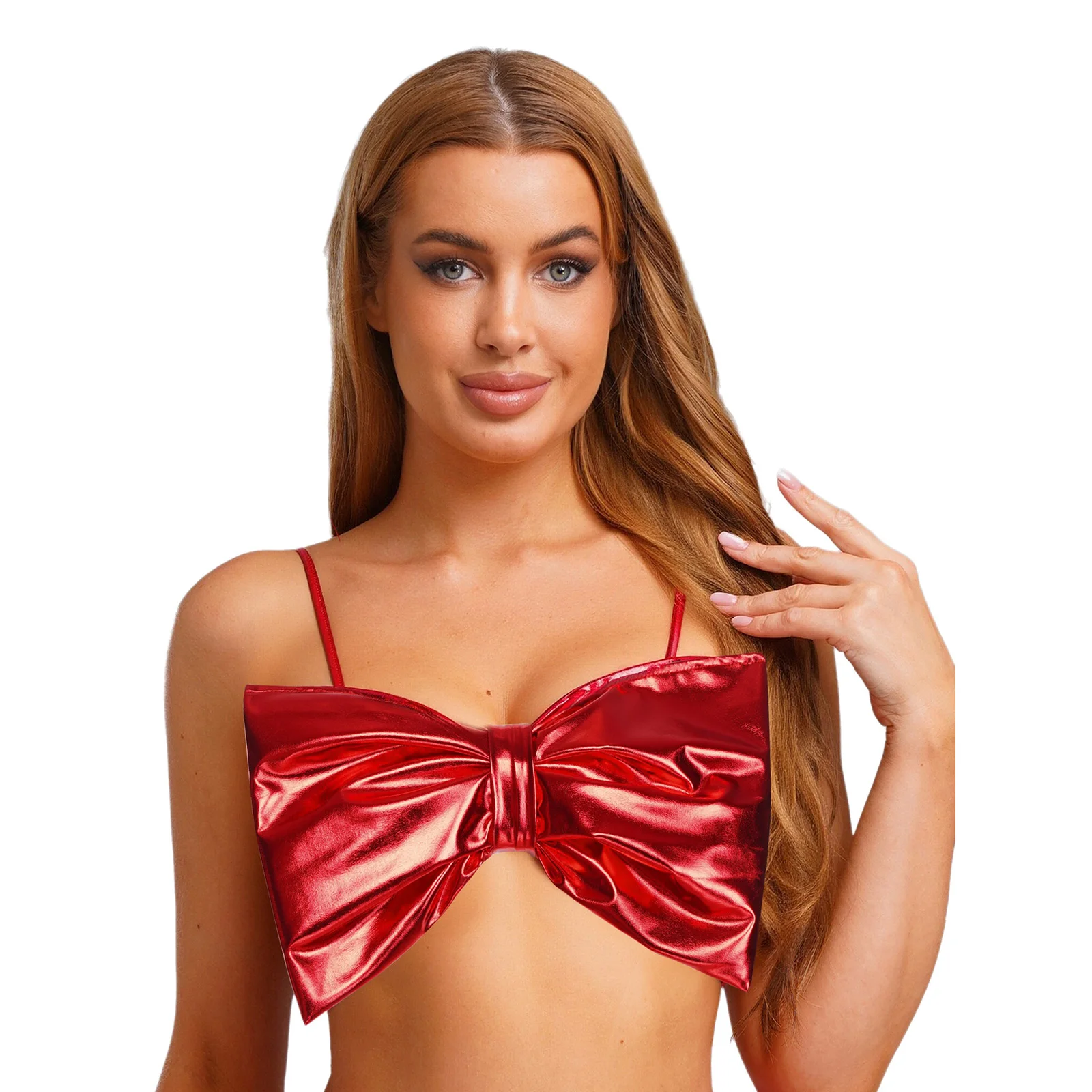 Camisola recortada metálica brillante para mujer, camiseta sin mangas con tirantes finos ajustables y lazo frontal para Raves Rock Music Party Halloween