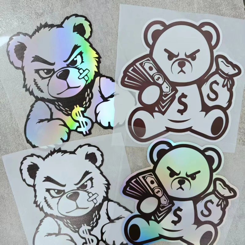 1 Buah Stiker Beruang Holografik Trendi-Buat Dekorasi Bergaya Bertema Dolar yang Keren untuk Mobil, Laptop, Ponsel, Botol Air, Skateboard, Koper