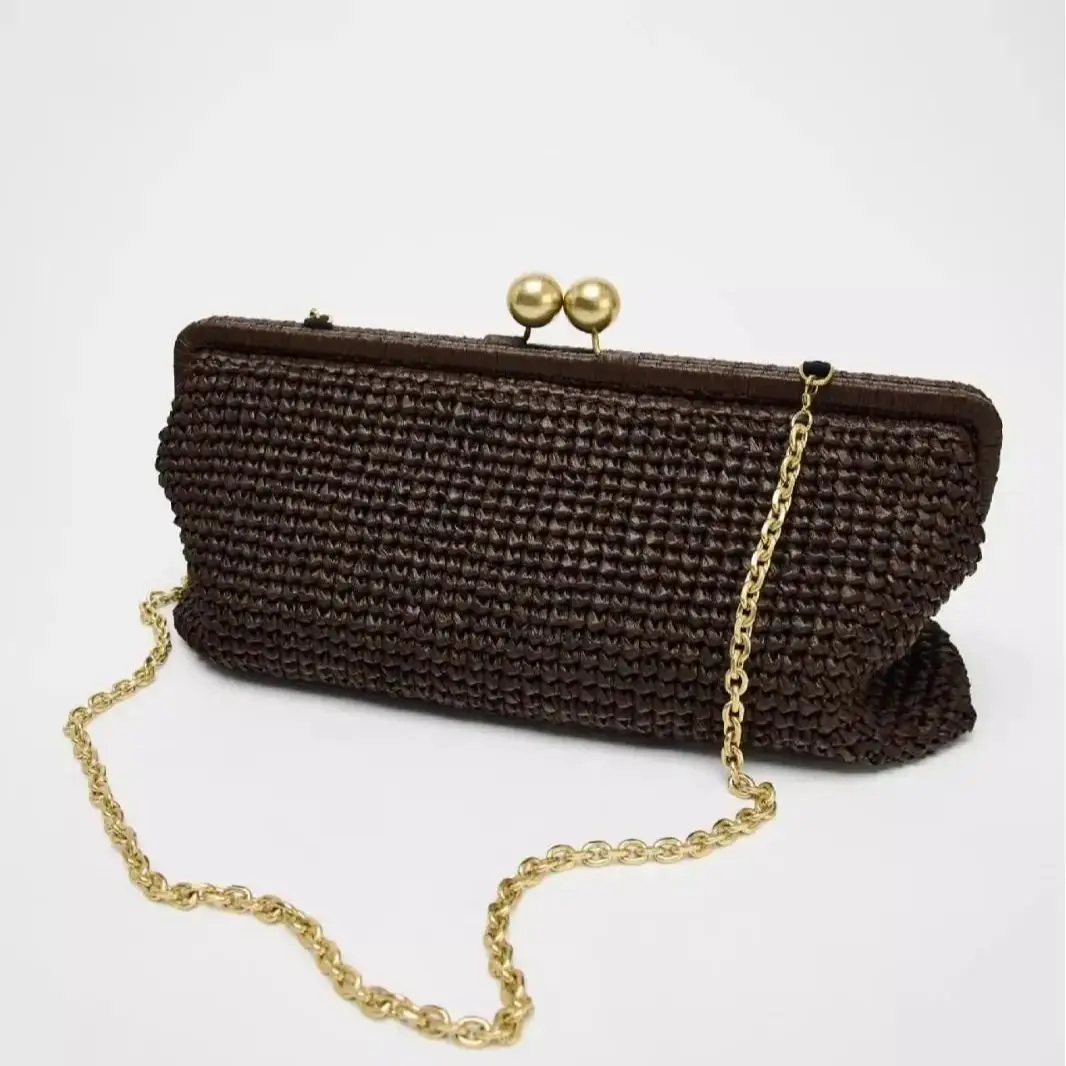 

2025 New Handmade Straw Woven Women's Bag Brown Shoulder Bag Summer Handle Bucket Bag Shopping Tote Bag
