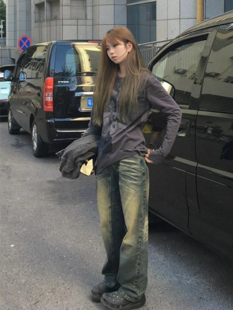 

American Vintage Round Neck T-shirt Pure Color Letter Pattern Subculture Long Sleeve Slim Spicy Style Woman Blouse 2025 Autumn