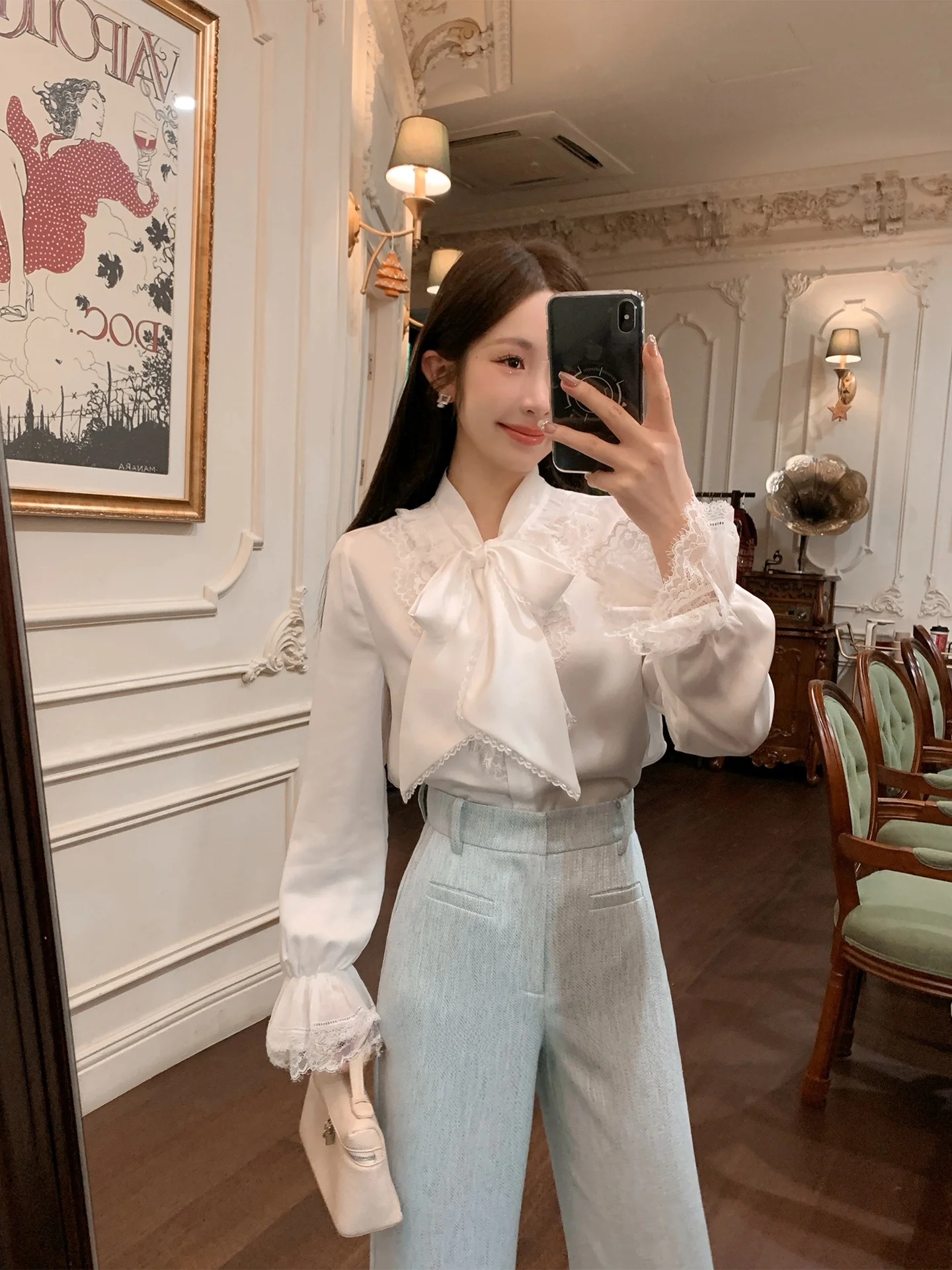 

Classic Fera Knot Long Sve irt Women's Spring New Sle Agel Elegance Top Polyester Fiber Lantern Sve