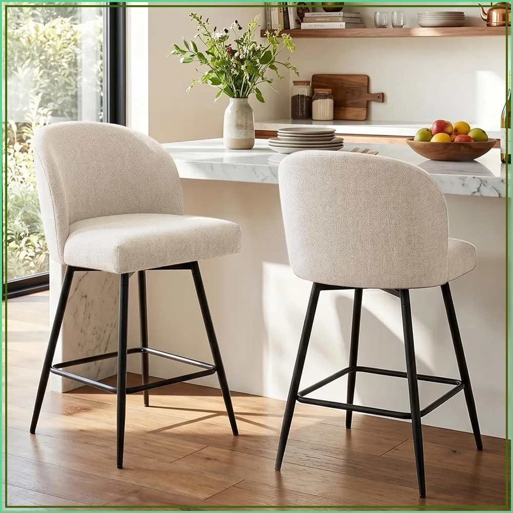 Counter Height Bar Stools Set of 2, 360 Swivel Upholstered with Backs, Metal Legs, Beige Linen