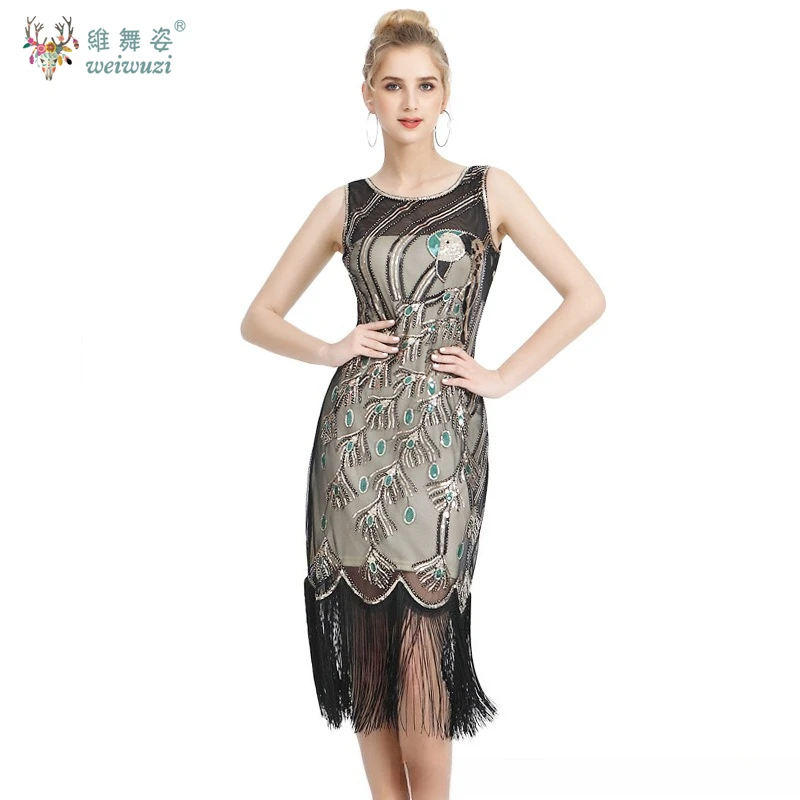 

1920s Gatsby Makeup Ball Retro Tassel Evening Dress Sparkling Bead Embroidered Round Neck Sleeveless Party Tassel Evening Dress