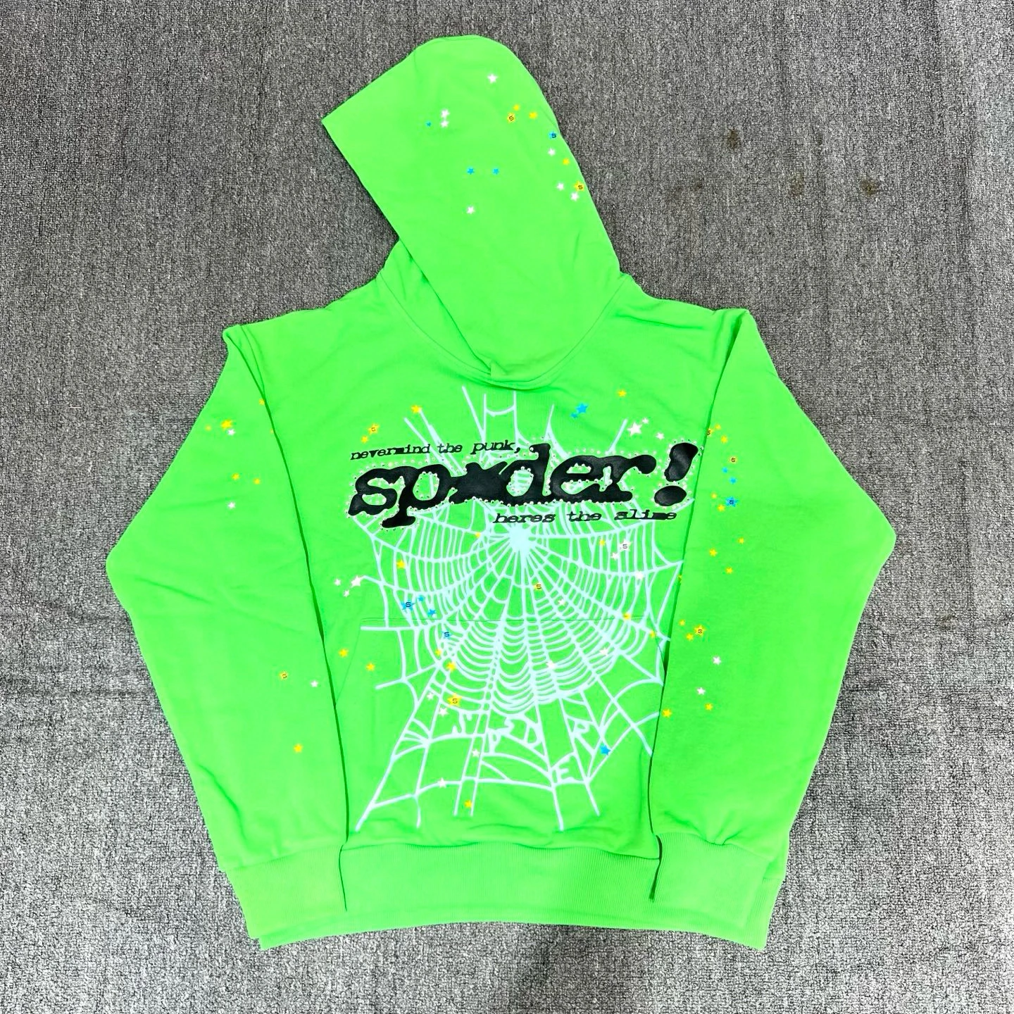 

Комплект: худи и брюки с принтом паутины и стразами, блестящий, повседневный, свободного кроя, с длинными рукавами, молодежный, модный, без бренда