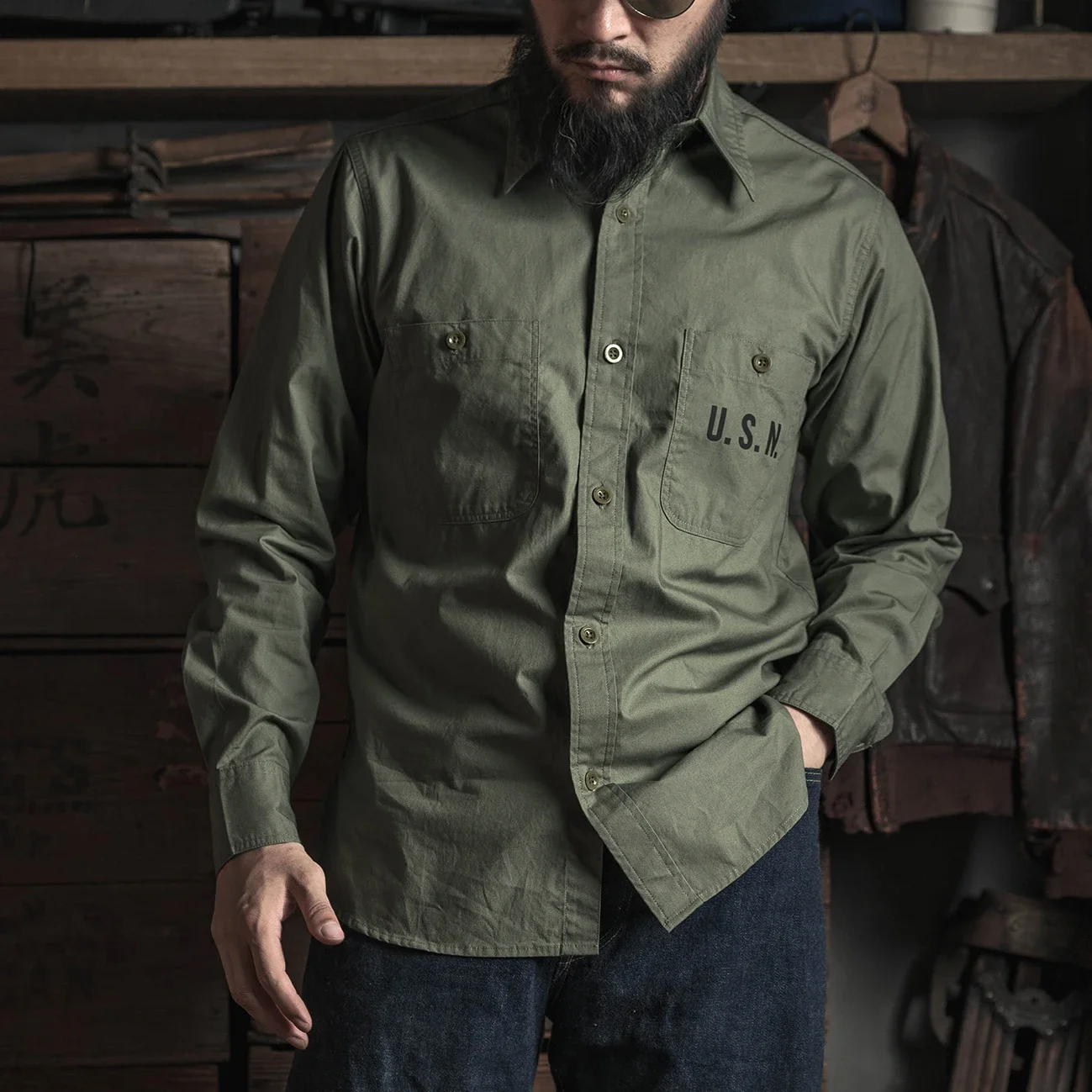 

Rugged Bronson USN N-3 Utility Shirt Vintage Mens Long Sleeve Workshirt Olive Drab