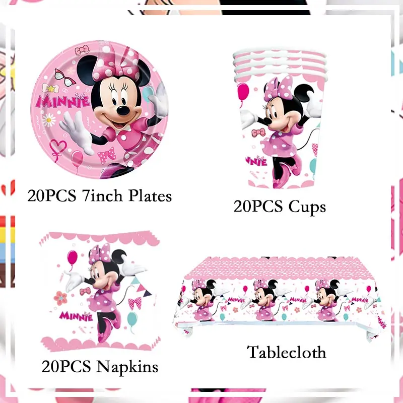 Disney-Decoración de fiesta de cumpleaños de Minnie Mouse para niñas, vajilla temática de dibujos animados, globos, vasos y platos, suministros para