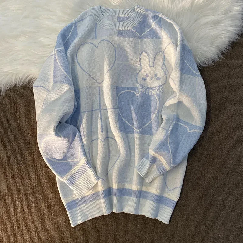 Cartoon rabbit pattern knitted warm loose oversized sweatshirt women Harajuku kawaii retro cute round neck pullover sweater