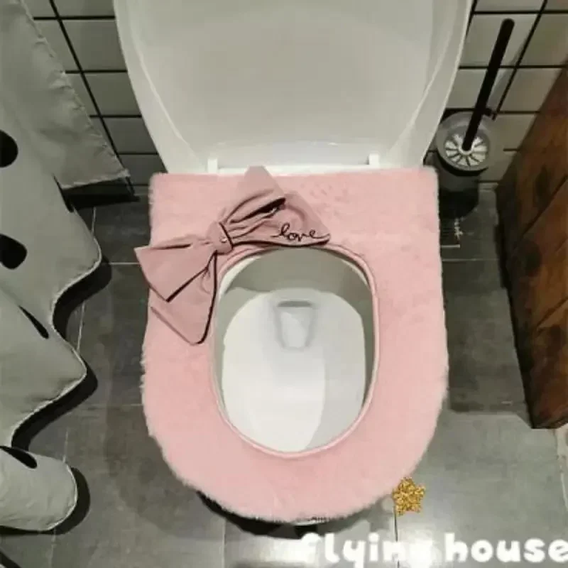 Winter Plush Toilet Cushion Household Thick Warm Paste Type Toilet Cover Cute Bow Toilet Cover Protective Cover Seat Mat