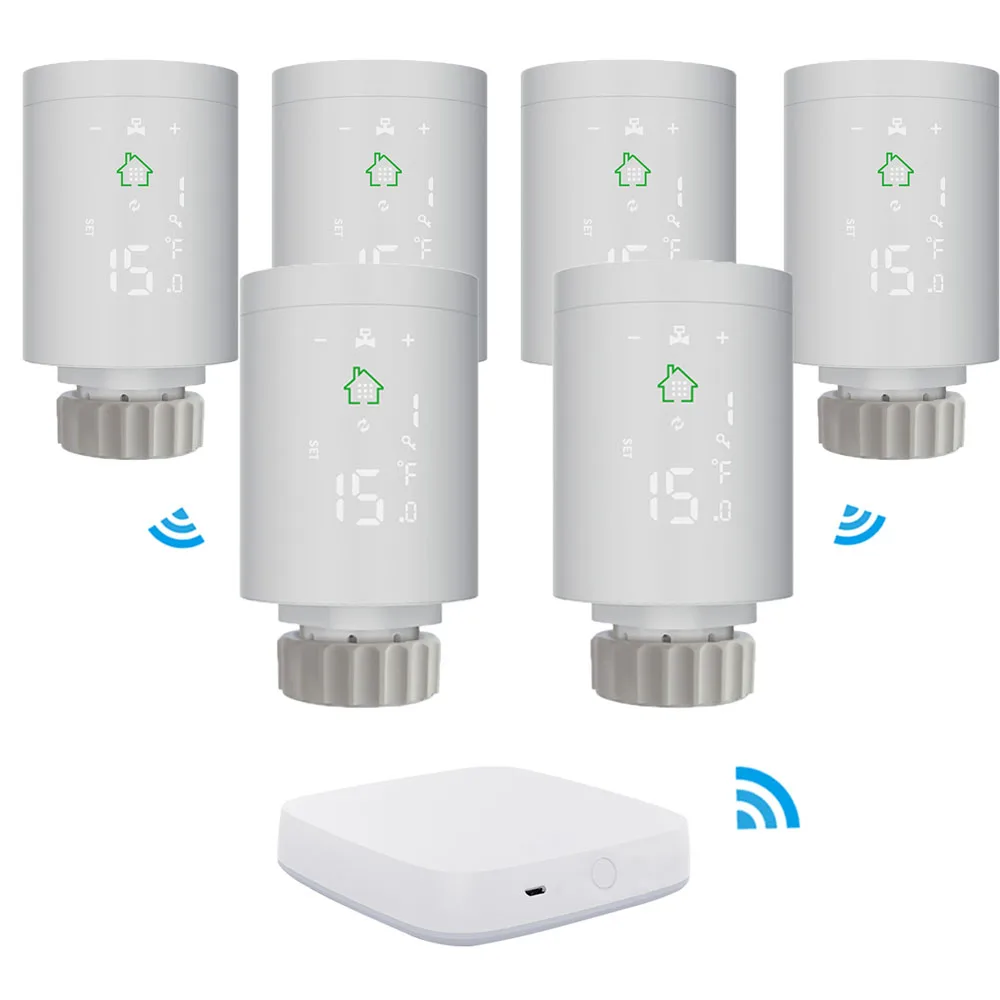 Intelligent 1 Gate-Way + 6 Thermostat, WiFi Wireless Compatible with ZIGBEE3.0 Radiator Automatic Actuator Programmable