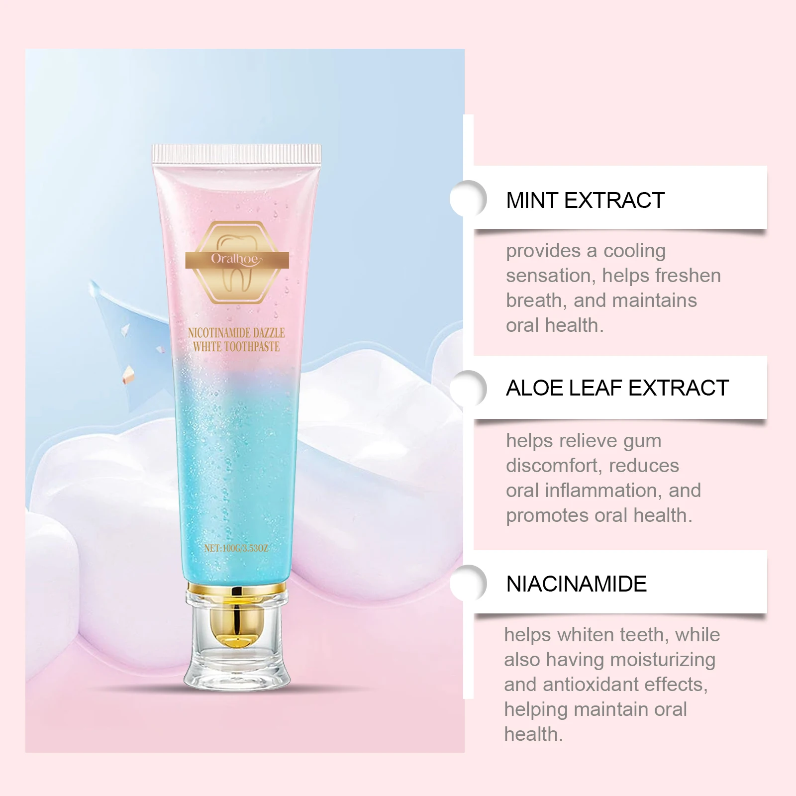 Niacinamide Toothpaste Mint Oral Care Cleaning Fresh Breath Tooth Brightening Dentifrice With Aloe Vera Baking Soda For Sensitive Teeth Gums Soothe 100g