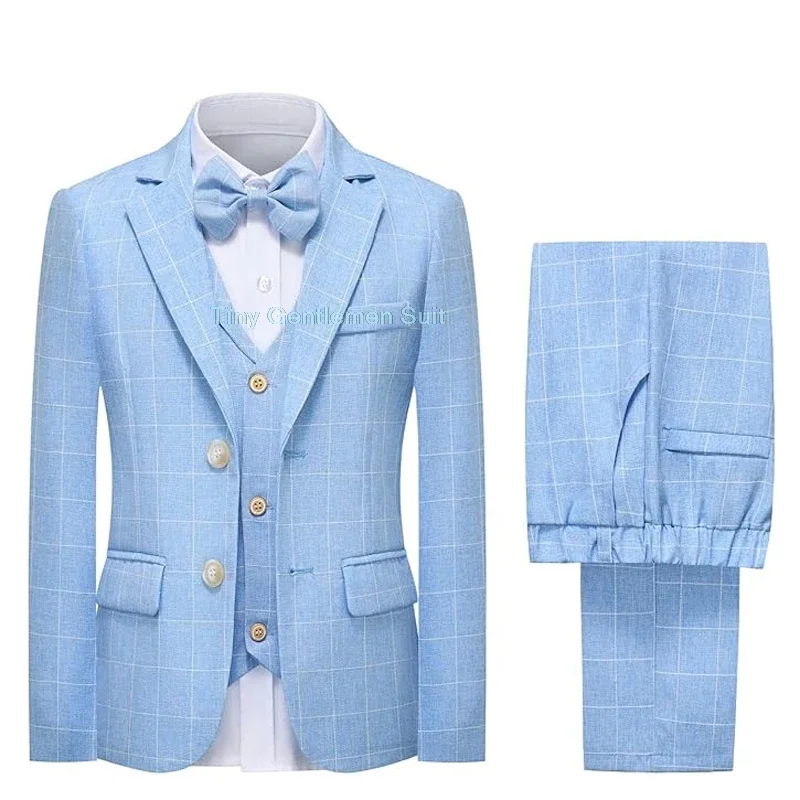 Boys Summer Blue Plaid Suit Set Child Gentleman Piano Host Performance Photography Costume Kids Blazer Pants Vest Bowtie Outfit