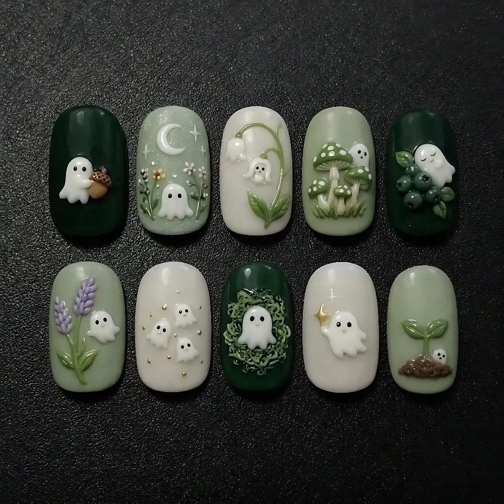 Cute Ghost Press On Nails, Cottagecore Forest Mushroom Nails, Handmade Reusable Short Glue On Nails/ Universal In 899 Regions