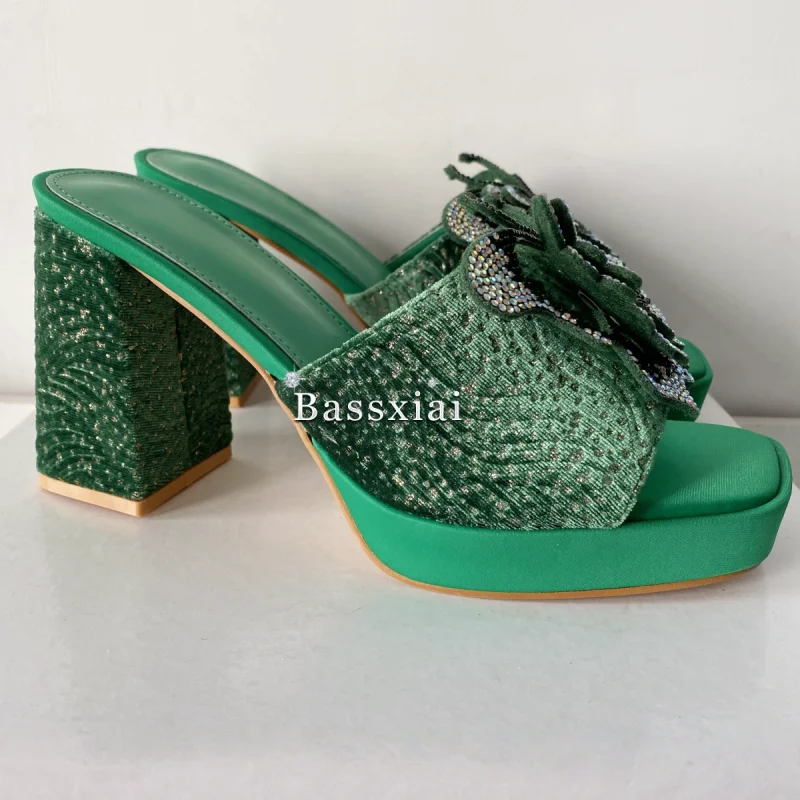 Rhinestone Butterfly-Flower Decor Women Sandals Green Color High Platform Chunky Heel Slingbacks Summer Mules view 2