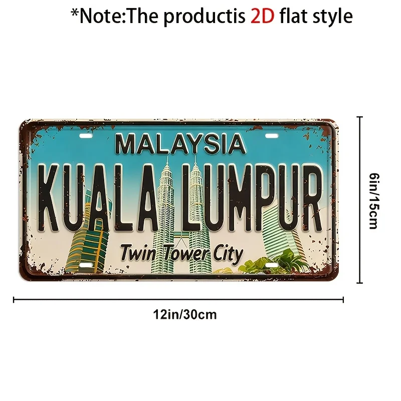 2D Flat, Decorative Only, Vintage Kuala Lumpur Metal License Plate Decorative Plaque and Ornament, Suitable for Homes