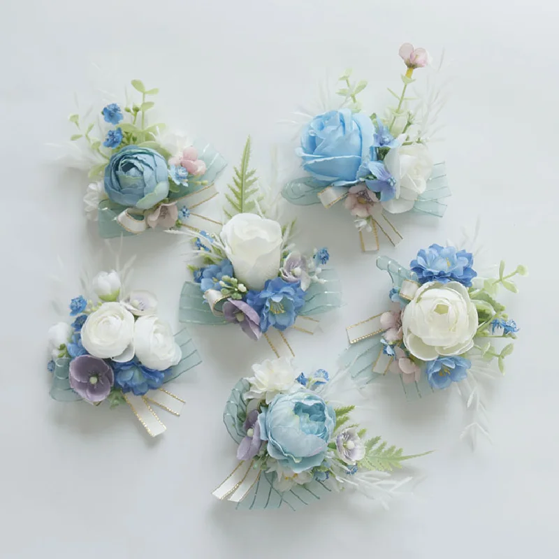 2432Wedding flower bouquet artificial flower business celebration opening guest corsage boutonniere handed flower blue