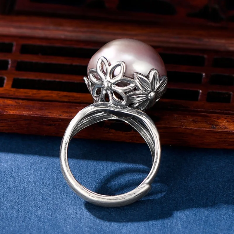 S925 Sterling Silver Charms Rings for Women New Fashion Hollow Flowers Inlaid Round Pearl Palace Style Jewelry Free Shipping