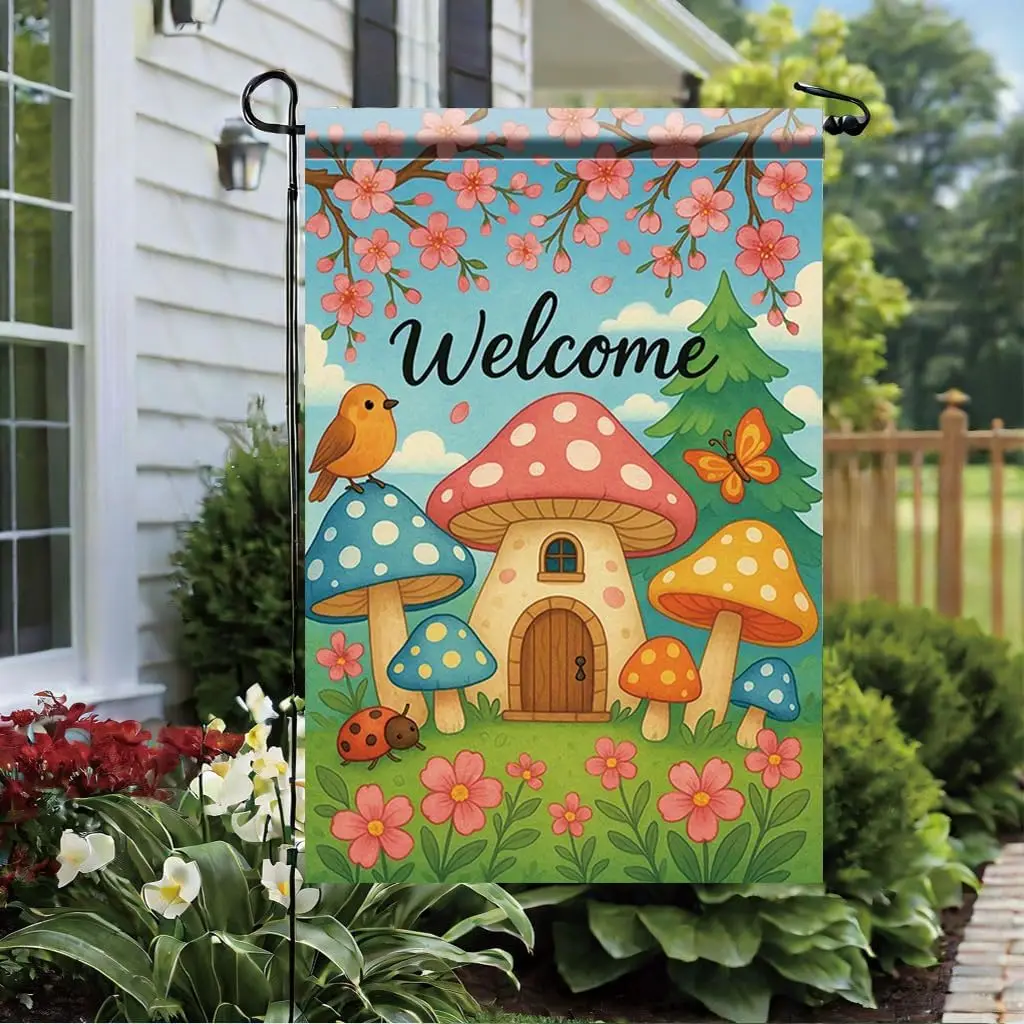Mushroom House Garden Flag 12x18 Inch Double Sided Outdoor Yard Banner Cute Welcome Fairy Cottage with Flowers and Butterfli SSL