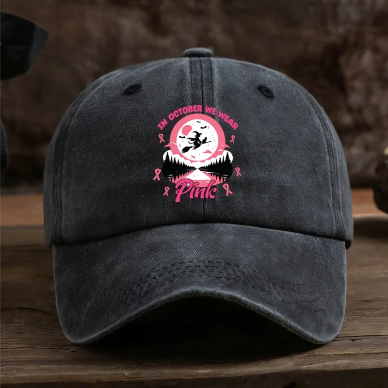 Unisex Adjustable Washed Dad Hat, In October We Wear Pink Witch Graphic Baseball Cap, Breast Cancer Awareness Halloween Sun Cap