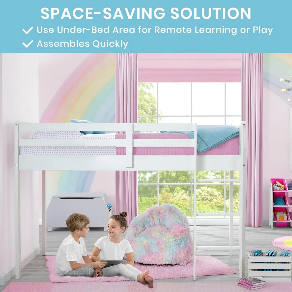 Children Twin Loft Bed with Guardrail and Ladder (Coordinates with Disney Princess & JoJo Siwa Tents Sold Separately), Whi