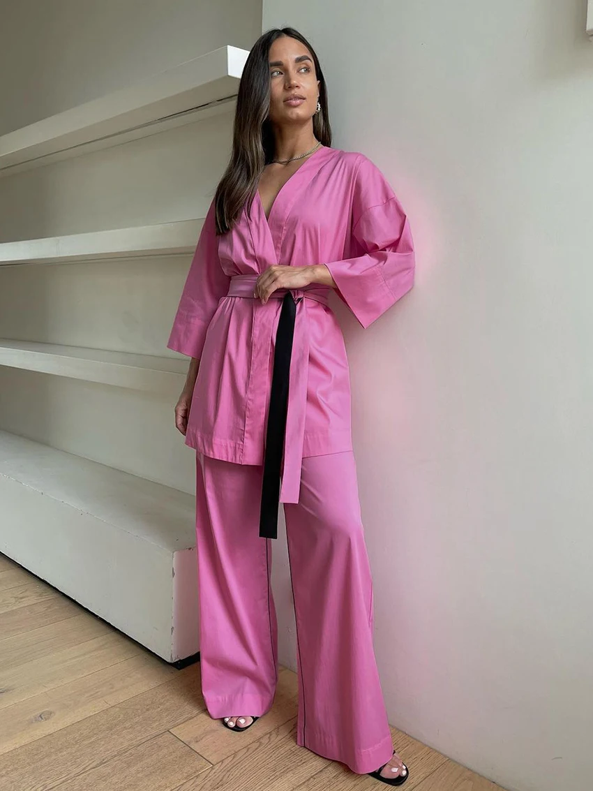 

Marthaqiqi Pink Causal Women Pajamas Set Sexy V-Neck Sleepwear Long Sleeve Nightwear Lace Up Nightie Pants Loose Nightgowns Suit