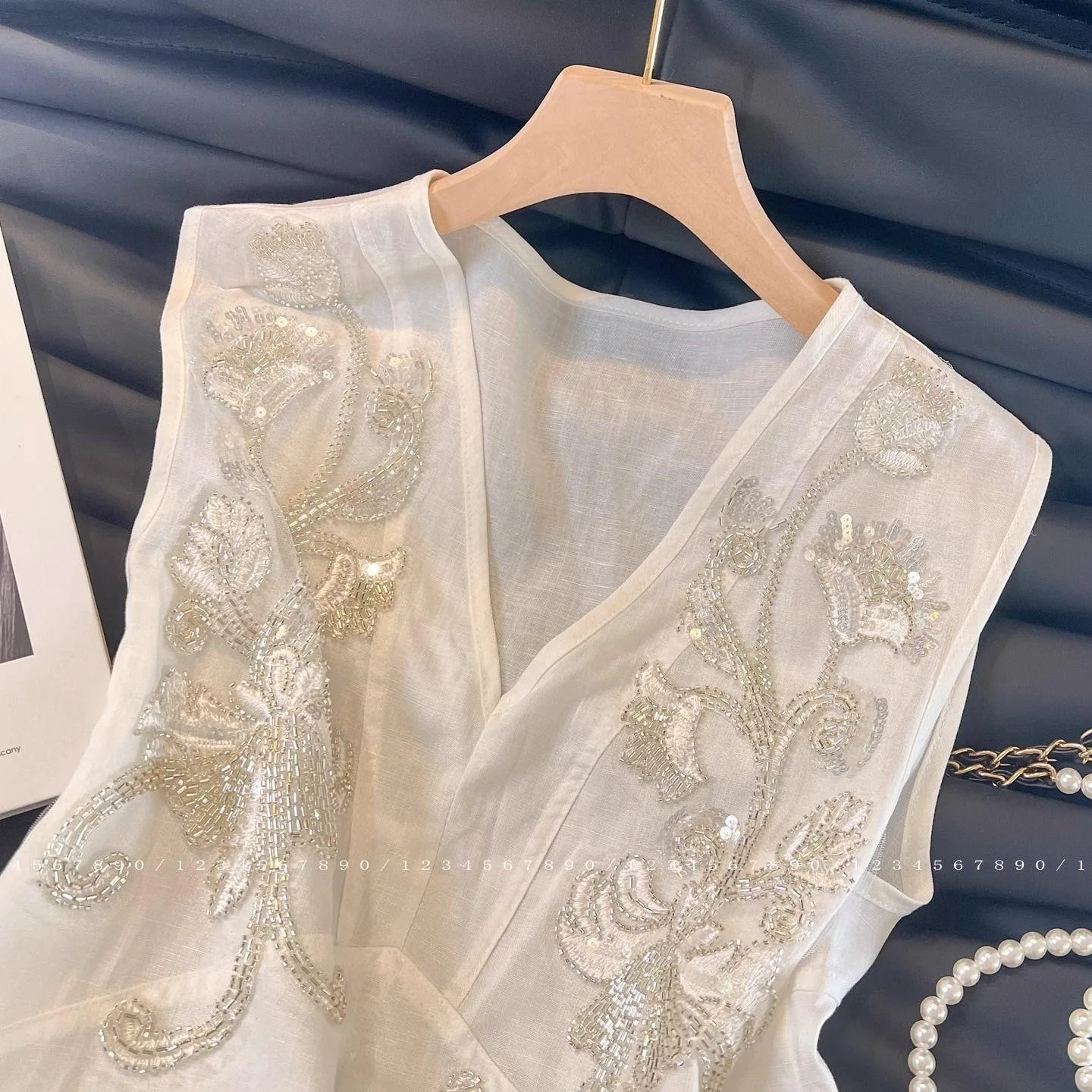 Women Vests Coats Beaded Jackets Embroidered V Neck Sleeveless Slight Strech Loose Fit Casual Office Lady Elegant 2026 Summer
