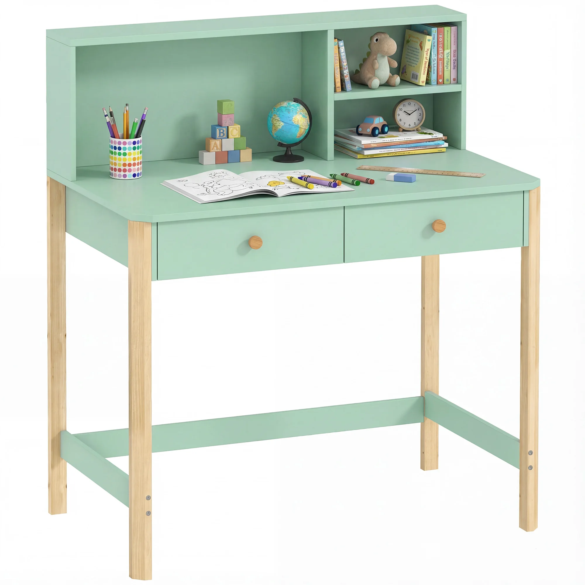 Aiyaplay Children's Desk Children's Desk Table with 3 Open Compartments and 2 Drawers 90X52X105 cm Green
