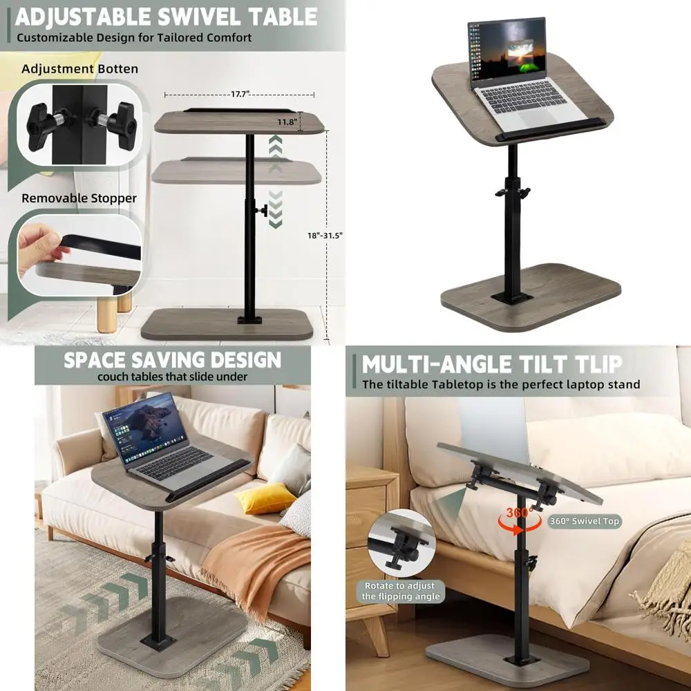 

Adjustable Height 360° Swivel C-Shaped TV Tray, Grey, for Living Room & Bedroom, Sofa Side Table with Wheels