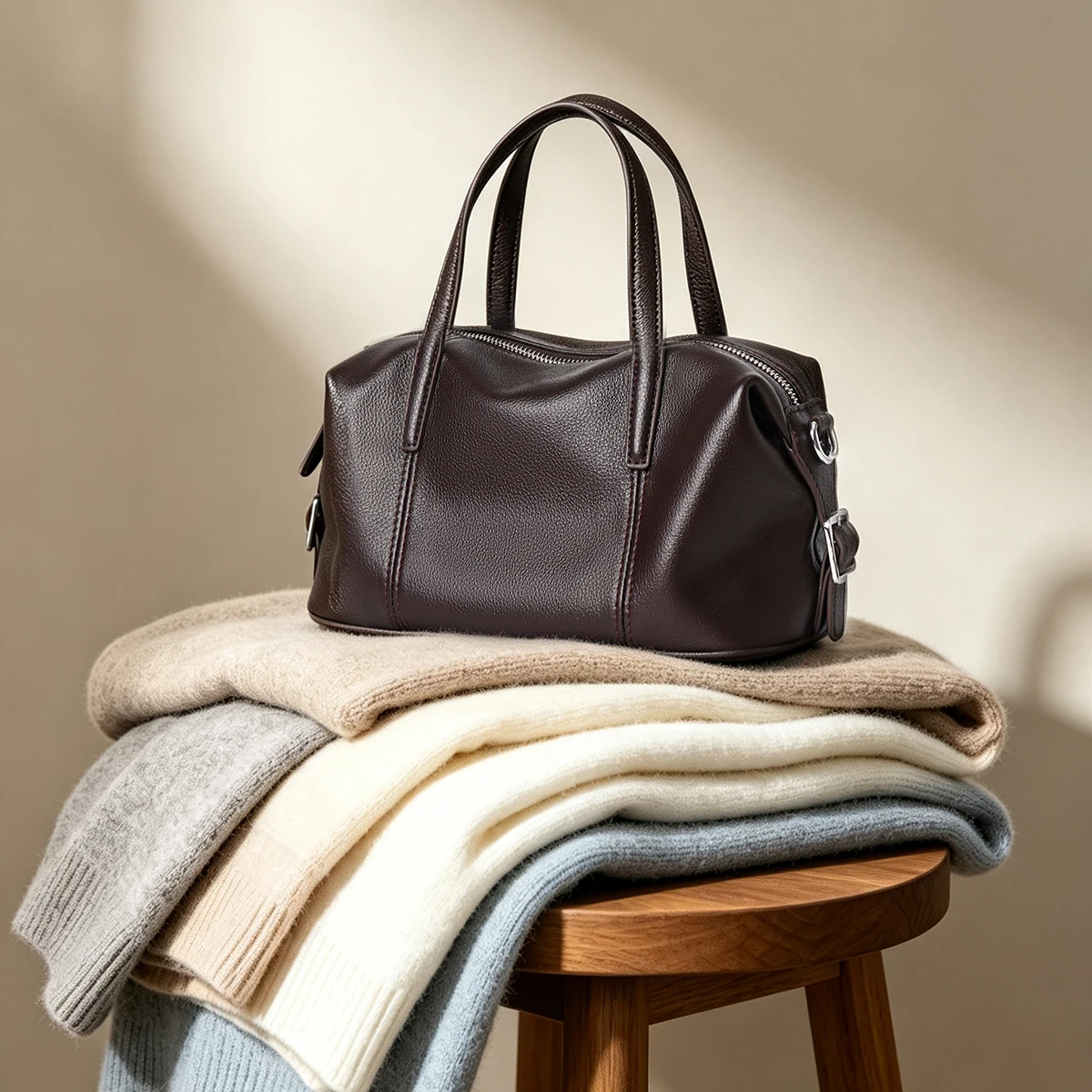 Top Grain Cowhide Boston Bag For Women, Vintage Soft Pillow Bag, Luxury Soft Leather Handbag, Commute Shoulder Crossbody Bag