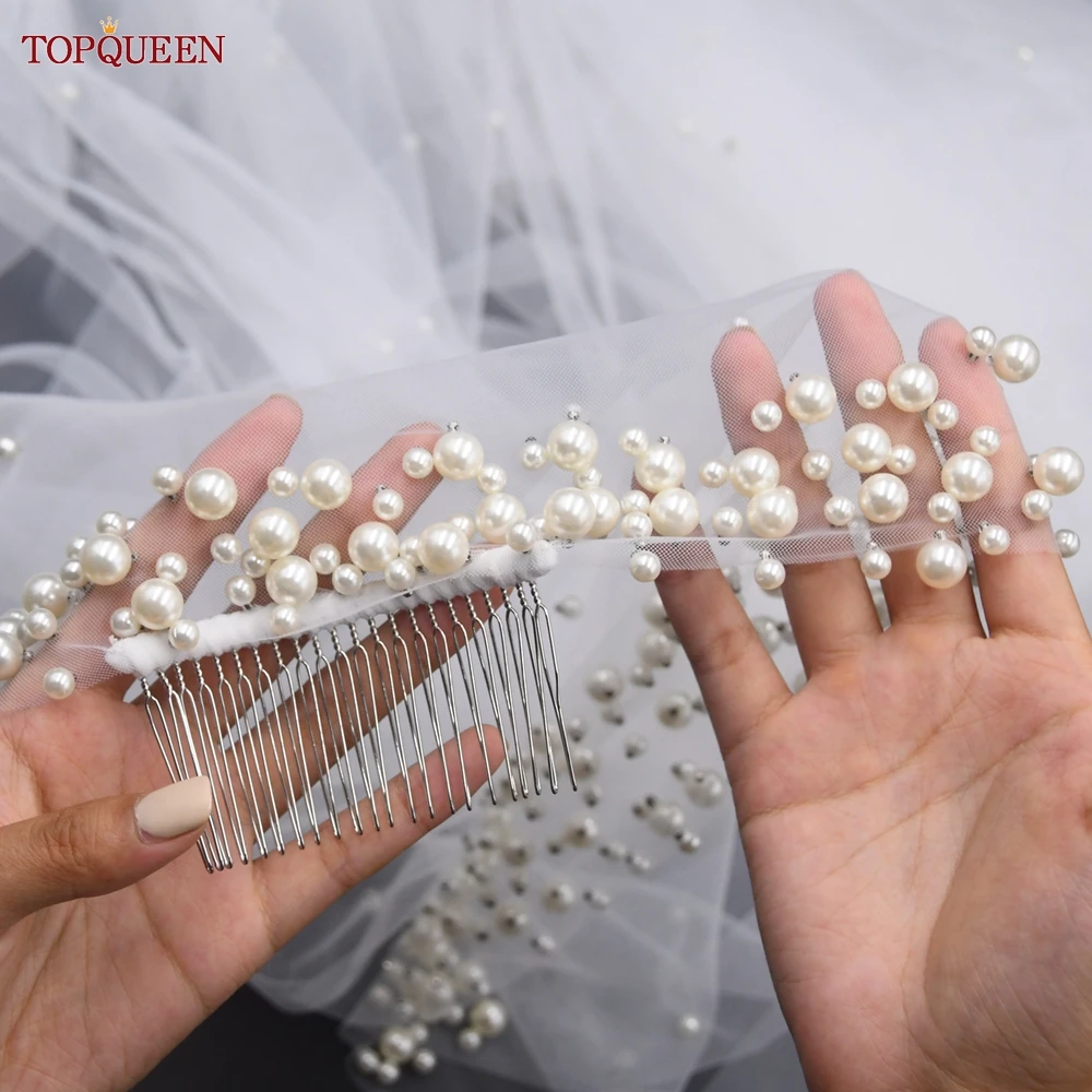 TOPQUEEN kerudung pernikahan pengantin cantik bando mutiara Tule tipis Aksesori pernikahan kerudung panjang Katedral 3M V207