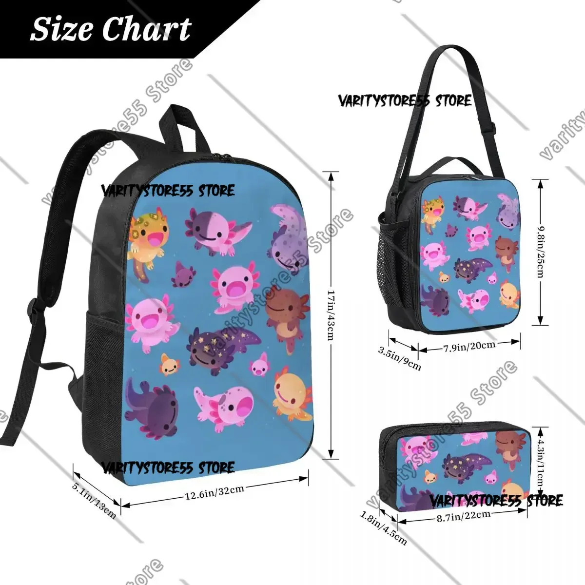Happy Axolotl Blue Backpack Student Boys Girls BookBag School Bag Computer Shoulder Bags 3ps Insulated Lunch Bag Pencil Case