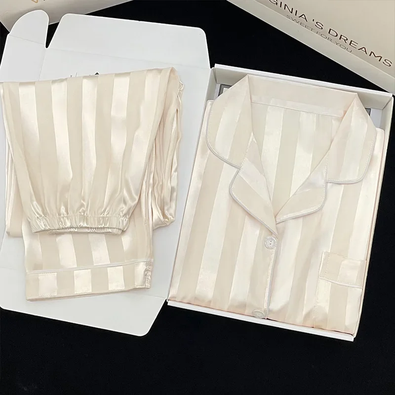 

Женские пижамные комплекты, весенне-осенняя полосатая пижама из искусственного шелка, атласная одежда для сна с длинными рукавами и пуговицами, Pijama Mujer Pjs, домашняя одежда