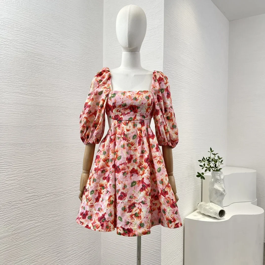 Minivestido de lino con estampado Floral rojo para mujer, minivestido de media manga con Espalda descubierta, cintura recortada, cuello cuadrado, alta calidad, 2025