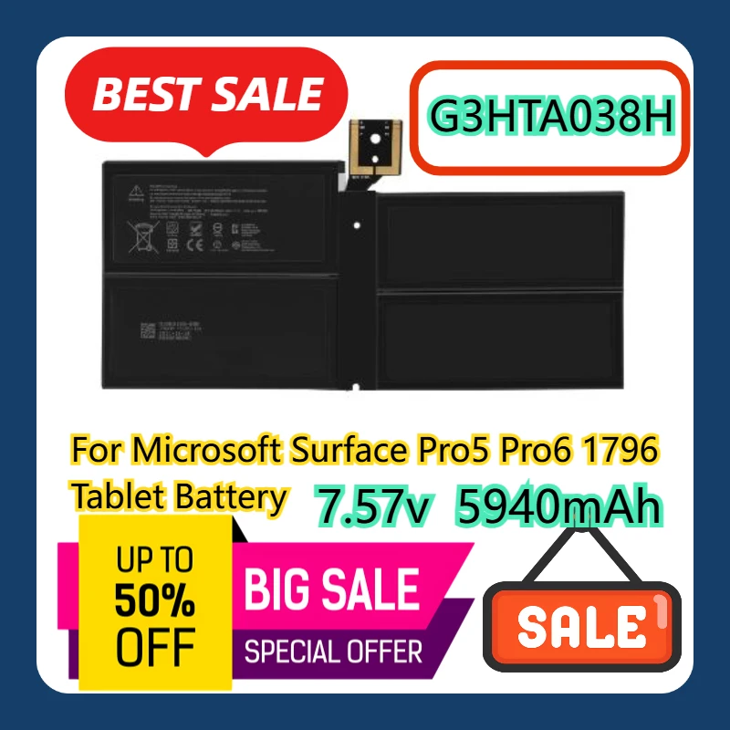 

For Microsoft Surface Pro5 Pro6 1796 G3HTA038H Tablet Battery 7.57V 5940mAh