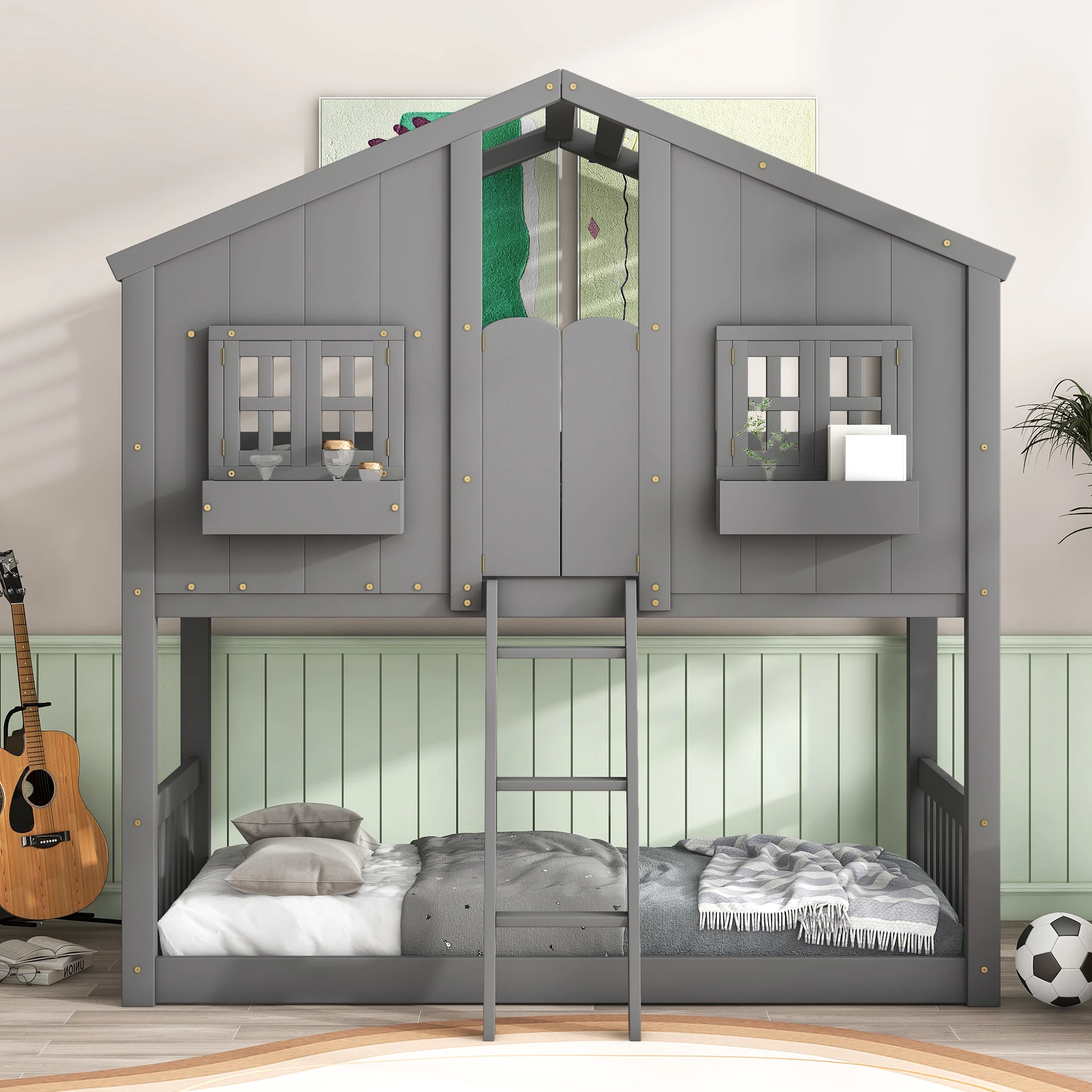 Twin over Twin House Bunk Bed with Roof, Window Box, Door, Safety Guardrails, Ladder - Grey  81.70x57.80x86.90 in.