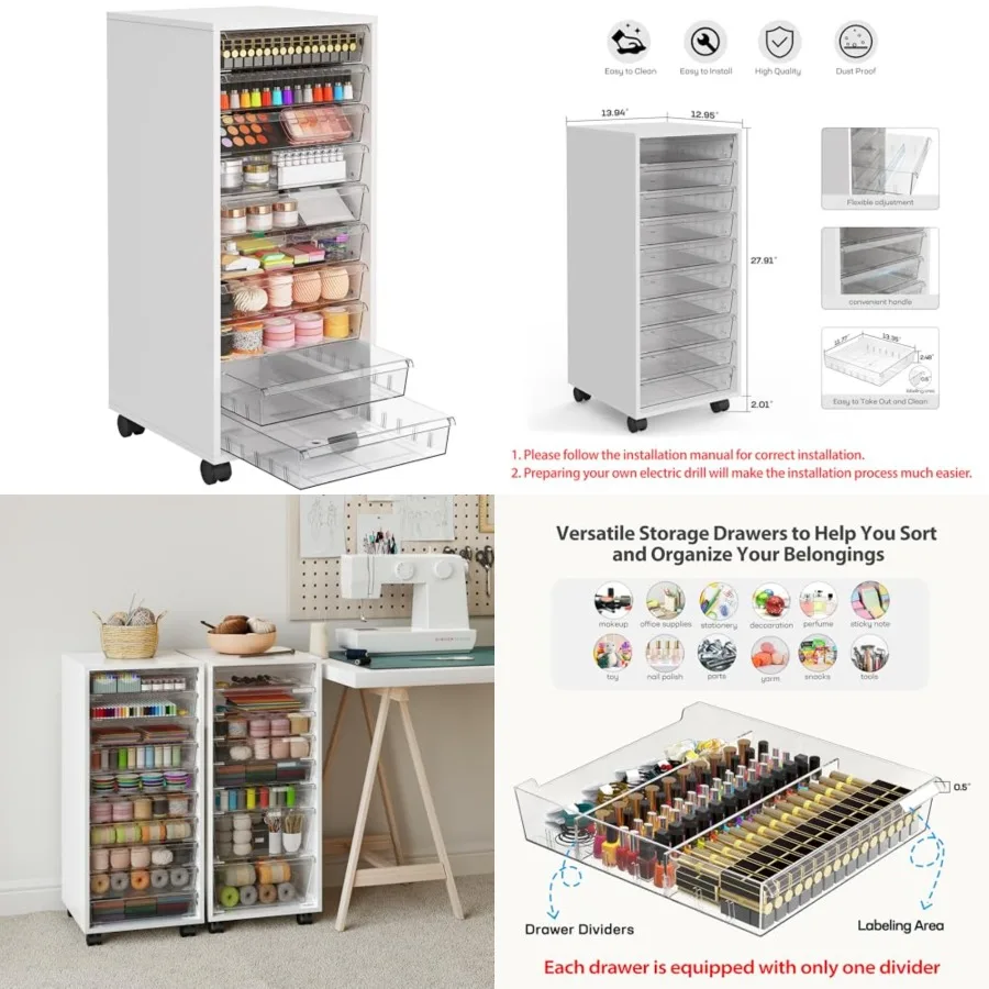 

Storage Drawer Cart Mobile Storage Cabinet Makeup Storage with 10 Large Clear Drawers Utility Wooden Rolling Cart on Wheels for