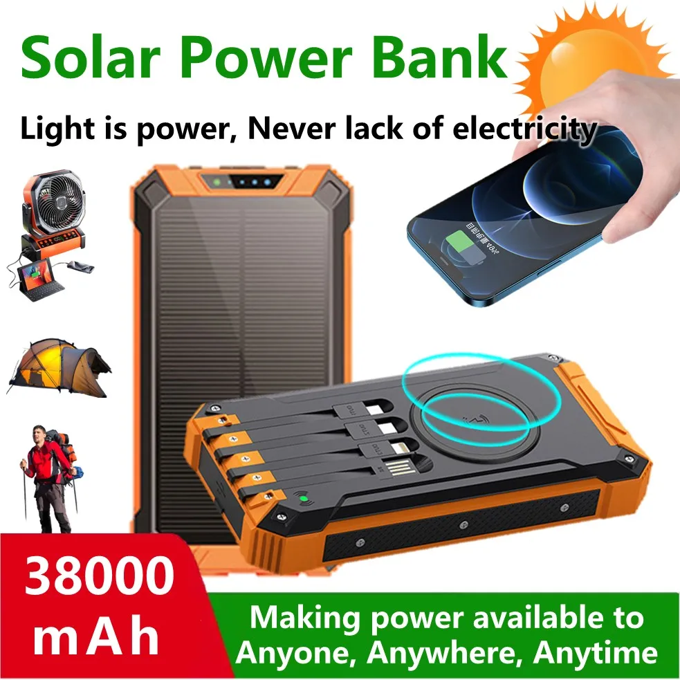 

Portable Solar Power Bank 38000mAh Wireless Charger Mobile Power Supply Built-in Cables for All Brand Phone & Electronic Devices